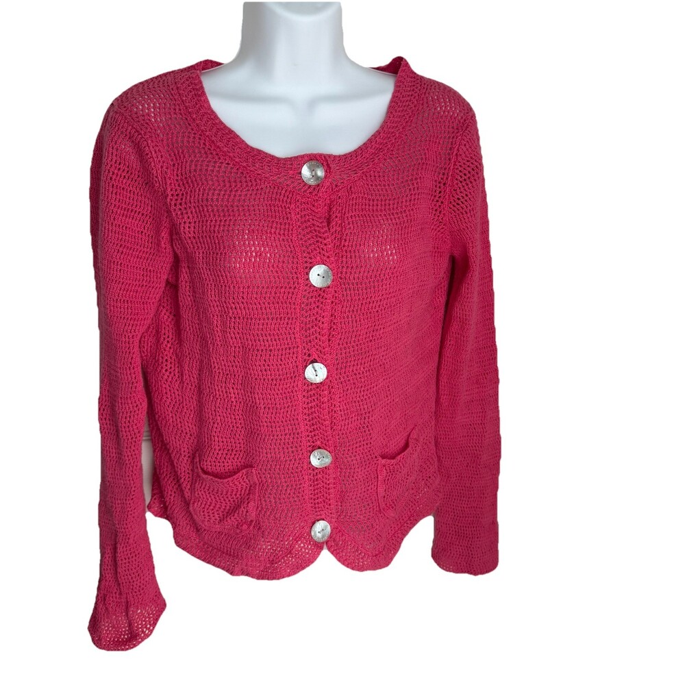 Susan Bristol Pink Linen Cotton Cardigan M Crochet Knit Cottage Grandma Core